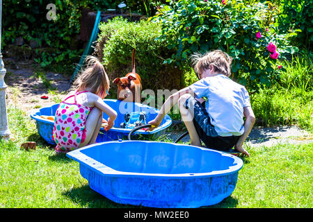 Adorable kleinen Mädchen und junge spielt in einer Sandbox. Stockfoto