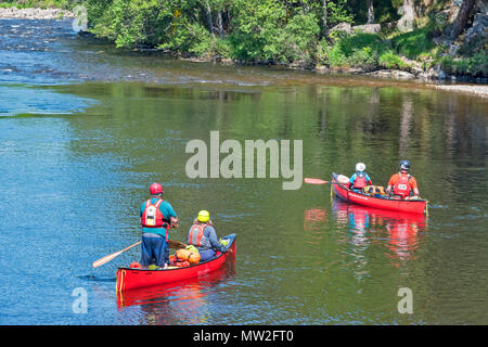 RIVER SPEY SPEYSIDE TAMDHU SCHOTTLAND KANU KANUTE zwei rote KANUS MIT MENSCHEN AM FLUSS IM FRÜHJAHR UMFRAGE DIE RAPIDS Stockfoto