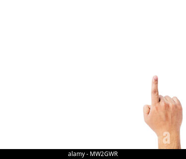 Hand zeigt die Nummer eins mit seinem Finger über weißen Hintergrund. Stockfoto