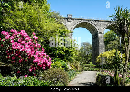 Trenance Viadukt in einem denkmalgeschützten Struktur von Trenance Gärten in Newquay Cornwall gesehen. Stockfoto