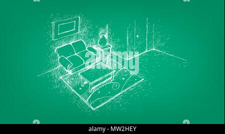 Home Interior, Illustration Hand gezeichnete Skizze von Wohnzimmer mit Sofa, einen kleinen Tisch und Vase. Stock Vektor