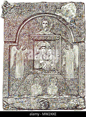 . Englisch: Die Jungfrau und Kind Symbol in der Kirche von St. George in Seti (Mestia), Swaneti (Bernoville, 1875: S. 136, Abb. 15). Die georgische Inschrift, Rekonstruktion von E.Taqaishvili, liest: "ყოვლად წმიდაო დედოფალო, ღმრთის მშობელო, რომელსა გეტჳრთა ღმერთი, ეყვენით წინაშე მეოხ ძისა და ღმერთისა ჩუენისა სულსა ვახტანგისა და მარინესა, რომელთა (თჳს შევამკეთ) ბრძანებითა მათითა ხატი შენი ვარდან ინასარიძემან და ძმათა ჩემთა, იოანე, ინასარ, საღირ, გაბრიელ (ან გრიგოლ?) და ბეშ (ქენ)". 1875. Tomaszkiewicz EX 634 Jungfrau und Kind Symbol aus swanetien (Bernoville, 1875) Stockfoto