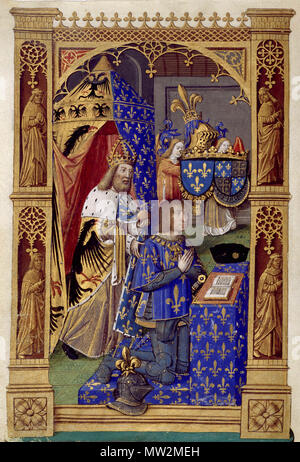 . Español: Miniatura del Libro de horas de Carlos VIII de Francia, manuscrito iluminado De pergamino, siglo XV, w.º 13v. Vertreter einer Luis XII orante, tras Se, de Pie, Carlomagno; la Figura de Luis XII se pintó cambiando El Rostro original de Carlos VIII por el de Luis XII. 15. Jahrhundert. Antoine Verard (größer, París, Francia) 381 Luis XII de Francia y Carlomagno Stockfoto
