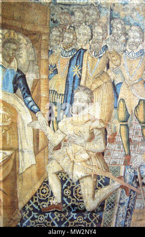 . Englisch: Heinrich III. auf seinem Sterbebett benennenden Henri de Navarre als seinen Nachfolger. 16. Jahrhundert. Anonym 16. Jahrhundert tapestry 273 Heinrich III. auf seinem Sterbebett benennenden Henri de Navarre als seinen Nachfolger Stockfoto