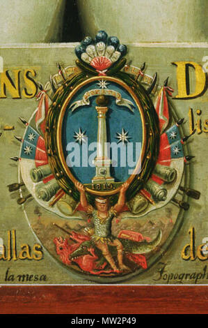 . Englisch: Wappen von Chile während der Jahre 1819 bis 1834. Von der Farbe des Künstlers José Gil de Castro extrahiert. Español: Escudo de Armas de Chile Durante los años 1819 Hasta 1834. Extraído de obra del artista José Gil de Castro. 1821. José Gil de Castro (1785-1845) 134 Wappen von Chile (1819) Stockfoto