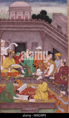 . Englisch: Bhisma und Yudhisthira besprechen Sie das Problem des Vertrauens: Eine Illustration aus dem Razm-nama Mughal, Ca. 1598-1600 Opak Aquarell erhöhte mit Gold auf Papier malen: 5 ½ x 3 ¼ Zoll (12,7 x 8,2 cm) Folio: 9 ½ x 7 ½ Zoll (24,1 x 19,1 cm). Zwischen 1598 und 1600. Mughal 83 Bhisma und Yudhisthira besprechen Sie das Problem des Vertrauens Stockfoto