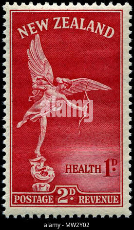 . Englisch: Neuseeland Briefmarke mit Anteros (einer der erotes) von einer Skulptur, die das Shaftesbury Memorial Fountain in London überwindet. Von James Berry entworfen und von Waterlow & Söhne Gmbh gedruckt und durch Neuseeland am 1. Oktober 1947 erteilt. 1. Oktober 1947. Waterlow & Sons Ltd 13 1947 NZ Gesundheit roten Stempel Stockfoto
