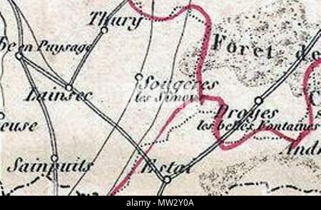 . Englisch: Dies ist eine faszinierende 1852 Karte des französischen Departements L'Yonne, Frankreich. L'Yonne ist von Frankreichs Premier Weinregion Burgund und produziert einige der weltweit besten Rotweine. Yonne ist auch einer von nur zwei Abteilungen, Chaource Käse produzieren. Chaource ist ein Käse aus Kuhmilch, zylindrische Form. Die zentrale pâte ist weich, cremig in Farbe, und leicht krümelig, und wird durch eine weiße, Penicillium candidum Rinde umgeben. Die ganze Karte ist durch aufwändige dekorative Stiche, die sowohl die natürliche Schönheit und den Reichtum des Landes zu veranschaulichen umgeben. Es ist eine kurze textuelle Stockfoto