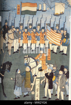 . Ein Ukiyo-e der Utagawa Schule Darstellung von Ausländern in Japan, einschließlich der Russen, Holländer, Briten, Amerikaner, Franzosen und Chinesen. Eine Nahaufnahme der Holländer, Amerikaner und Chinesen in der Mitte des Bildes. 1859. Utagawa Yoshikazu 212 ausländische Nationen in Japan closeup Stockfoto