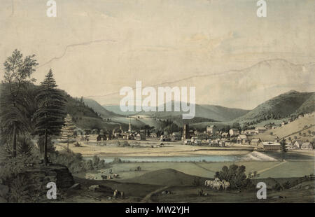 . Englisch: eine Zeichnung und Lithographie von Prattsville aus dem Jahre 1844. Der Text unterhalb der Zeichnung liest: Blick auf PRATTSVILLE, Greene Co N.Y., 1844. Präsidentschaft der Hon. Zadock Pratt. A. M. Prattsville Gerberei, erbaut im Jahre 1825, DA DIE EINE MILLION SEITEN DER ALLEINIGEN Leder gegerbt wurde mit der HEMLOCK Rinde. 13 Juli 2009, 23:24 (UTC). Prattsville New York 1844 Zeichnung uncropped.jpg: C. Parsons abgeleitete Arbeit: Austin 512 (Talk) 500 Prattsville New York 1844 Zeichnung 7/8 Stockfoto