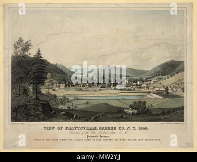 . Englisch: eine Zeichnung und Lithographie von Prattsville aus dem Jahre 1844. Der Text unterhalb der Zeichnung liest: Blick auf PRATTSVILLE, Greene Co N.Y., 1844. Präsidentschaft der Hon. Zadock Pratt. A. M. Prattsville Gerberei, erbaut im Jahre 1825, DA DIE EINE MILLION SEITEN DER ALLEINIGEN Leder gegerbt wurde mit der HEMLOCK Rinde. 1844. C. Parsons 500 Prattsville New York 1844 Zeichnung uncropped Stockfoto