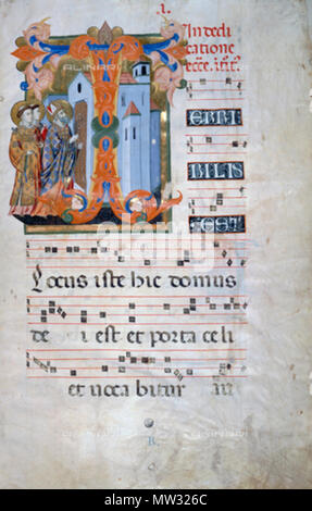 167 Don Silvestro dei Gherarducci - Schrittweise von Santa Maria degli Angeli - Folio 1 - die Weihe einer Kirche durch einen Bischof mit zwei Diakone in einem ersten T (Biblioteca Medicea Laurenziana, Cod. Kor. 2) Volle Seite Stockfoto