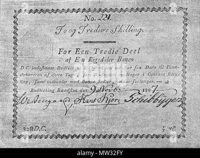 . Englisch: Privat Banknote von 1807 ausgestellt. Die Banknote wurde von der Gemeinde von Blåvand ausgestellt. Buchen Sie als Ursprung verwendet wurde veröffentlicht 1905.. Durch Saddhiyama, unbekannter Künstler. 344 Kommunal pengeseddel 1807 Stockfoto