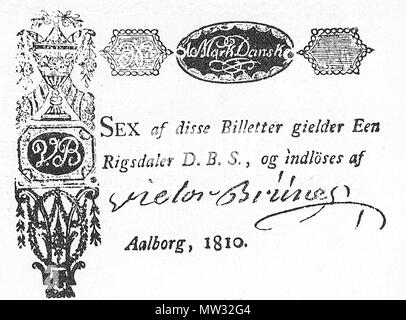 . Englisch: Privat Banknote ausgestellt. Es wurde von der Gemeinde von Aalborg 1810 ausgestellt. D.B.S. = Dansk Banko Seddel. Buchen Sie als Ursprung verwendet wurde veröffentlicht 1905.. Durch Saddhiyama, unbekannter Künstler. 502 Privat pengeseddel Aalborg 1810 Stockfoto