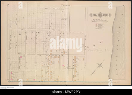 . Englisch: Los ist ein Fire Insurance Plan der drei Flüsse (Trois-Rivières), Quebec. Es ist von der tatsächlichen Erhebungen und Records' und wurde produziert von und unter der Aufsicht von H.W. Hopkins, Bauingenieur.' Seiten sind nummeriert 6-87. Es umfasst zwei Nicht nummerierte Seiten: eine Titelseite und Tabelle der cotents Seite. Seite 6-7 zeigt die "Carte de Cite de Trois Rivieres. Comte de St. Maurice' während Seite 10 & 11 zeigt die "Comte de St. Maurice, Prov. Quebec". Seiten 14-55 zeigt Platten A-K. Alternative Seiten sind leer. 4 März 2010, 23:23:11. Provincial Vermessung Pub. Co (1879) 81202/77-R 6990-974-5-E-G 1146. S 24 H Stockfoto