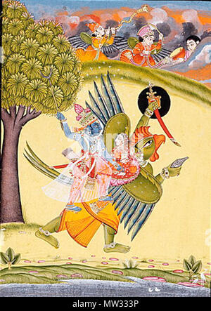 . Englisch: Narayana (Vishnu) Reiten auf Garuda mit Shri Lakshmi Malerei, Aquarell, Aquarell, Gold, Silber auf Papier Blatt 10 3/8 x 8 in. (26,35 x 20,32 cm); Bild: 8 3/8 x 5 7/8 in. (21.27 x 14.92 cm) Norsk nynorsk: Visjnu og Laksjmi rir på Garuda. . Ca. 1730 234 Garuda Vishnu Laxmi Stockfoto