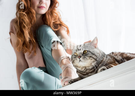 7/8 Schuß von jungen Frau petting tabby Katze, während auf der Fensterbank zu Hause sitzen Stockfoto