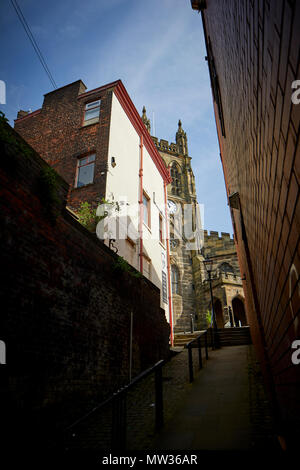 Die Stockport Stadtzentrum Altstadt Millgate historische Gebäude Wahrzeichen St Msrys Kirche Stockfoto