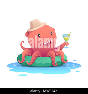 Cute rot Octopus Holding einen Cocktail im Sommer Getränke Glas auf dem Grün aufblasbarer Schwimmring, Sommerurlaub Konzept. Vector Illustration Stockfoto