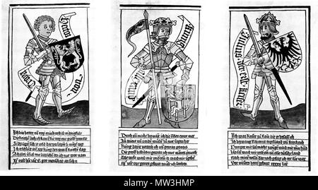 . Einblattholzschnitte der 9 Helden, eingeklebt in Cod. Bern 45. Aus: Robert L. Wyß: Die neun Helden. Eine ikonographische Studie. In: Zeitschrift für Schweizerische nach 1550 und / 17 (1957), Taf. 27-29. um 1460/80. Unbekannt 162 Sterben neun Helden-Drei heidnische Helden Stockfoto