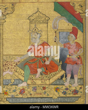 . Englisch: Folio aus dem Ramayana von Valmiki Ramayana (Freier), Vol. 2, Folio 273, recto: Vibhishana ist als König von Lanka installiert; Verso: Text 1597-1605 Shyam Sundar, (Indische, Mughal dynasty Opak Aquarell, Tinte und Gold auf dem Papier H: 27,5 W: 15,2 cm Nordindien Geschenk des Charles Lang Freer F 1907.271 .273. zwischen 1597 und 1605. Shyam Sundar, (Indische, Mughal dynasty 630 Vibhishana als König von Lanka Stockfoto