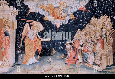 . Tapisserie de l'Apocalypse. zwischen 1377 und 1382. Jean Bondol und Nicholas Bataille 587 Tapisserie de l'Apocalypse - 7 Trompete - Anbetung im Himmel Stockfoto