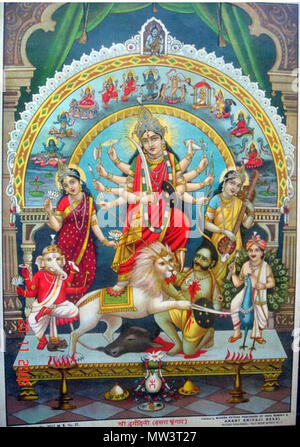 . Englisch: Ein Bild von Durga unter einem Bogen anzeigen Der Mahavidyas, mit Shiva an der Spitze; 1930 Quelle: ebay, 26.04.2006. 1930er Jahre. Unbekannt 173 Durga unter einem Bogen anzeigen Der Mahavidyas, mit Shiva an der Spitze Stockfoto