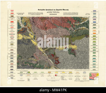 . Geologische Karte Unterdrauburg: Geologische Spezialkarte der Republik Österreich neu aufgenommen und herausgegeben von der Geologischen Bundesanstalt. Topographische Spezialkarte Nr. 5354 Zone 19 Kolonne XII. Und Spezialkarte neu aufgenommen von Beck (Kärntner Tertiär und St. Pauler Berge) Ich. d. Jahren 1920, 1927 u. 1928, A. Kieslinger (kristallines Gebirge und jugoslawischer Anteil) Ich. d. Jahren 1924-1928, Fr. Teller (Kalkalpen Antei) Ich. Jahre 1889, A.Winkler (steirisches Tertiär) Ich. d. Jahren 1920, 1922, 1925-1928. Mit Benützung der älteren Aufnahmen von F. Rolle (1856), ferner der geolo Stockfoto