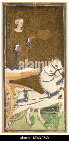 . 日本語: 著作権切れ。 unsicher, wahrscheinlich zwischen 1440 und 1470. 19. September 2010. Anonym 634 Visconti-Sforza tarot Deck. Der Wagen Stockfoto