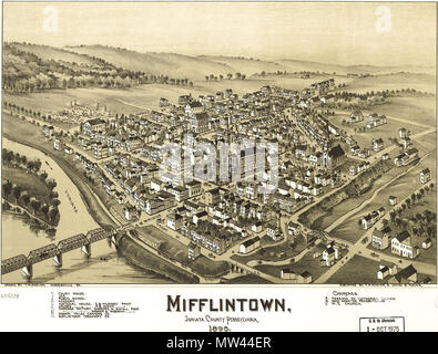 . Englisch: A birds Blick auf Mifflintown, Pennsylvania von 1895. Perspektive der Karte; nicht maßstabsgetreu. . 1895 (veraltet) 415 Mifflintown, Pennsylvania birds Karte von Fowler (1895).loc Call Nr. g 3824 m-pm 008027 Stockfoto