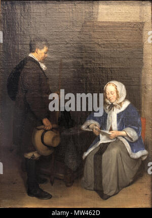 . Lady eine Nachricht lesen, bevor ein Messenger. ca. 1660 653 Frau liest einen Brief vor ein Bote - Gerard Terborch die Jüngeren - MBA Lyon ein 109-IMG 0422 Stockfoto