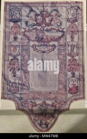 . Englisch: Das ist ein Foto von einer Ausstellung in der Diaspora Museum, Tel Aviv-en: Beit Hatefutsot. 8. August 2011. Unbekannt 338 Ketubah, Rom 1771 Stockfoto