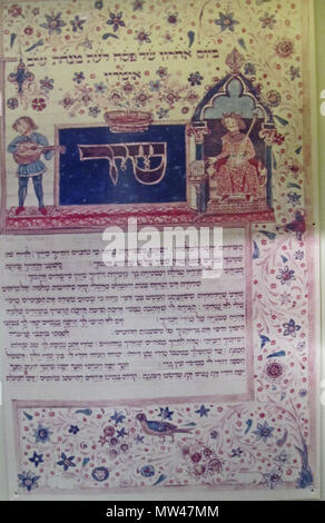 . Englisch: Das ist ein Foto von einer Ausstellung in der Diaspora Museum, Tel Aviv-en: Beit Hatefutsot. Die Note sagt: Minstrel spielen vor dem König Salomo Beleuchtung für die Eröffnung Strophe von Lied der Lieder, die Rothschild Machzor, Handschrift auf Pergament. Florenz, Italien, 1492. Die Jewish Theological Seminary of America, New York. 8. August 2011. Unbekannt 566 Lied der Lieder Rothschild machzor Stockfoto