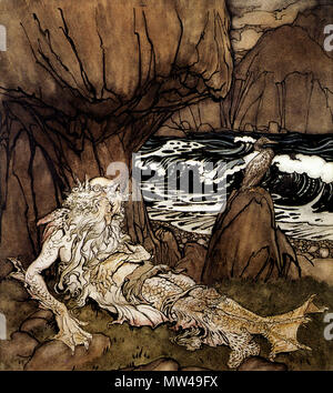 . Englisch: Einen gekrönten Merman. Aquarell, brauner Tinte und Feder. 26 x 19,5 cm (10.24" x 7.68"). Private Sammlung. des späten 19. und frühen 20. Jahrhunderts. Arthur Rackham (1867 - 1939) Beschreibung englischer Maler und Illustrator Datum der Geburt / Tod 19. September 1867, 6. September 1939 Ort der Geburt / Todes Lewisham Limpsfield Standort London Authority control: Q 314938 VIAF: 59098690 ISNI: 0000 0001 2134 8434 ULAN: 500004195 79041840 LCCN: n NLA: 35438826 WorldCat 20 Einen gekrönten Merman - Arthur Rackham Stockfoto