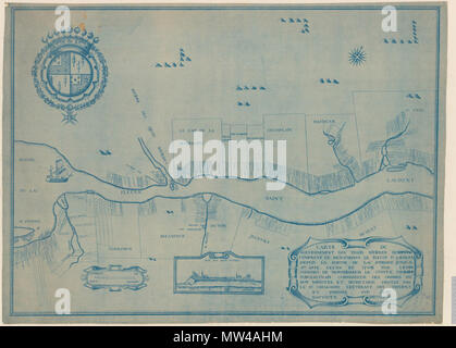 . Français: Carte du Gouvernement de Trois-Rivières qui comprent en Nachkomme Le Fleuve St. Laurent depuis la sortie du lac St. Pierre jusqu'à-Ste Anne. Levée en 1709 par les ordres de Monseigneur le Comte de Ponchartrain commandeur des ordres du Roy ministre et Sécretaire destat par le Sr Catalogne Leutnant des troupes et dressée par Jean Baptiste Decouagne. [Kartenmaterial] La Première est une Kopie d'une Plan dans le Dépot Générale des Cartes, Pläne Journeaux et de la Marine. Portefeuille 127, Div.2, 1 à 5, La deuxième est un-fac-similé par A.E.B. Courchesne-Février 1921 - Impressum Stockfoto