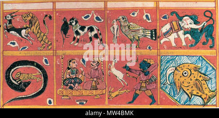 . Englisch: Gewalt (Himsa) Gouache auf Papier, XVII Jahrhundert, Gujarat. Zeigt Tiere der Beute mit ihren Opfern. Das fürstliche Paar symbolisiert Liebe, das ist ein weiterer Anlass für Gewalt. 21. März 2012. Unbekannt 158 Darstellung von Gewalt in Gujarat Stockfoto