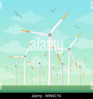 Windmühlen auf grünen Feldern Vector Illustration Stock Vektor