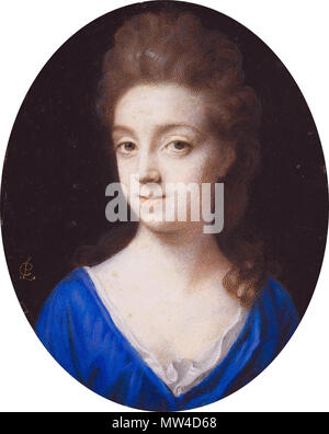 . Englisch: Carey, Tochter von Sir Alexander Fraser Bt., Frau von Charles Mordaunt, 3rd Earl of Peterborough auf Pergament, oval, 8,7 cm hoch unterzeichnet. l. c.: PC. zweiten Hälfte des 17. Jahrhunderts. Peter Kreuz (c) 1650-1724 112 Carey, Gräfin von Peterborough, von Peter Kreuz (c) 1650-1724 Stockfoto