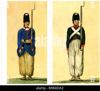 . Englisch: Qajar Sarbaz (Soldat) in der frühesten 'Einheitlich' (links, ca. 1808) und in der ersten einheitlichen der Französischen Probe (rechts, über 1810s). Durch Drouville 1826 gezeichnet. 1826. Kaspar Drouville (Lebensdauer: 18./19. Jahrhundert) 507 Qajar Soldat in die früheste einheitliche (1808) und der Französischen Probe (1810) Stockfoto
