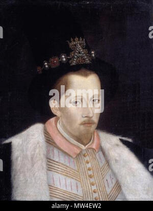 . Englisch: James VI. von Schottland, I von England und Irland English: James I. (1566-1625) mit dem Sancy-Diamanten an der Hutkrempe. ca. 1590 n. Adrian Vanson 496 Porträt von König James I&amp; VI (vanson) Stockfoto