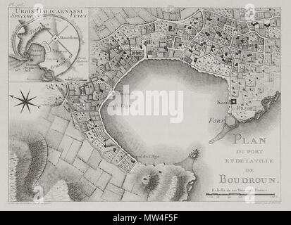 . Englisch: Marie-Gabriel - Florent-Auguste Comte de Choiseul-Gouffier. Voyage pittoresque de la Griechenland. Paris, J.-J. Blaise M.DCCC. IX, (1782, 1809, 1822, 1842 2.Auflage). 1782. - Marie-Gabriel Florent-Auguste Comte de Choiseul-Gouffier 487 Plan du Port et de la ville de Boudroum - Choiseul - gouffier Gabriel Florent Auguste De - 1782 Stockfoto