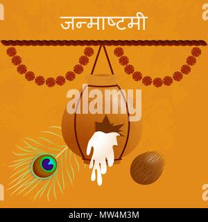 Janmashtami. Konzept einer religiöser Feiertag. Indische fest. Dahi handi auf Janmashtami, feiert die Geburt von Krishna. Hängt ein Gefäß, Kokosnuss, Pfauenfeder. Text in Hindi - janmashtami Stock Vektor
