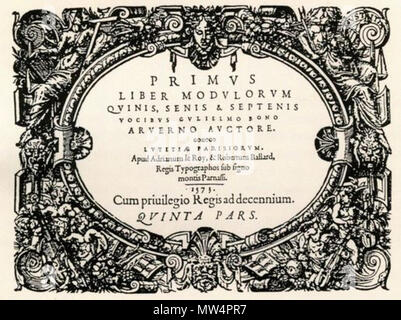 . Français: Titelseite von Guillaume's Boni Motetten (Paris: Le Roy et Ballard, 1573). 1 Mai 2014, 10:34:59. Le Roy et Ballard, Musik Drucker (Paris) 90 Boni 1573 Stockfoto