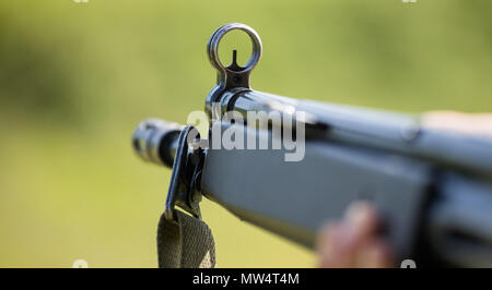 Waffe Pistole in Mann' s Hand, die das Ziel markiert. Vorderseite der Waffe mit Nahaufnahme auf unscharfen Natur Hintergrund. Stockfoto