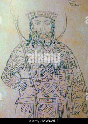 . Englisch: Johannes V. Palaiologos, Holding akakia, Ca. 1354/1355. Fossati Zeichnung des Mosaiks, Nordseite des großen östlichen Bogen in der Hagia Sophia in Konstantinopel. 1847. Gaspare Fossati (1809-1883) und Giuseppe Fossati (1822-1891) 322 Johannes V. Palaiologos, Fossati Zeichnung von Mosaik in der Hagia Sophia Stockfoto