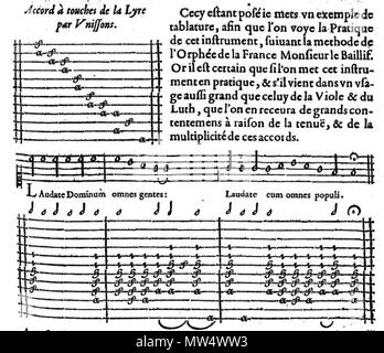 . Français: Motette de Henry le Bailly de Tabulatur de Lyra (Paris, 1636). 24. August 2015. Henry Le Bailly, chanteur. 361 Le Bailly Leier Stockfoto