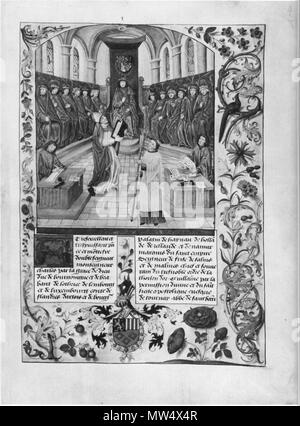 . Englisch: Guillaume Fillastre der Jüngere, Histoire de la Toison d'Or. Die Beleuchtung zeigt eine Sitzung der Kapitel des Ordens vom Goldenen Vlies. Vorne links: Guillaume Fillastre im Bishop's Gewand; in der Mitte Herzog Karl der Kühne von Burgund. Wien, Österreichische Nationalbibliothek, Cod. 2541, fol. 4 r. English: Guillaume Fillastre der Jüngere, Histoire de la Toison d'Or. Die buchmalerei zeigt eine Sitzung des Kapitels des Ordens vom Goldenen Vlies. Vorn links Guillaume Fillastre im Bischofsornat, in der Mitte sitzend Herzog Karl der Kühne von Burgund. Wien, Österreichischen Na Stockfoto