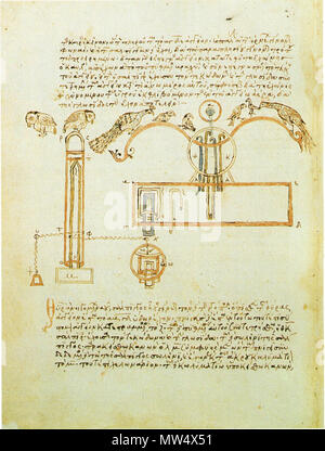 . Englisch: Hero von Alexandria, Pneumatica 1,16: Technische Zeichnung einer hydraulischen Vorrichtung des Singens künstliche Vögel im Manuskript Venedig, Biblioteca Marciana, Gr. 516, fol. 172 v. English: Heron von Alexandria, Pneumatica 1,16: Technische Zeichnung eines hydraulischen Apparates der künstlichen singenden Vögel in der Handschrift Venedig, Biblioteca Marciana, Gr. 516, fol. 172 v. Anfang des 14. Jahrhunderts. Hero von Alexandria 276 Hero von Alexandria, Pneumatica, Venedig, Gr. 516 Stockfoto