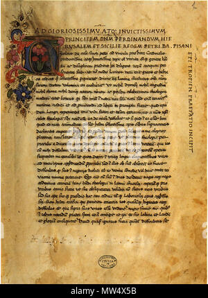 . Englisch: Pietro Balbi, Engagement Brief an König Ferdinand I. von Neapel auf Latein Balbi Übersetzung des Proklos, Theologia Platonica, in ms an. Bergamo, Biblioteca Civica Angelo Mai, MA 490, fol. 1 r. English: Pietro Balbi, Widmungsbrief ein König Ferdinand I. von Neapel zu Thunfischwadenfänger lateinischen Übersetzung von Proklos, Theologia Platonica, in der Handschrift Bergamo, Biblioteca Civica Angelo Mai, MA 490, fol. 1 r. 15. Jahrhundert. 483 Pietro Pietro Balbi Balbi, Brief, Bergamo, Frau MA 490 Stockfoto