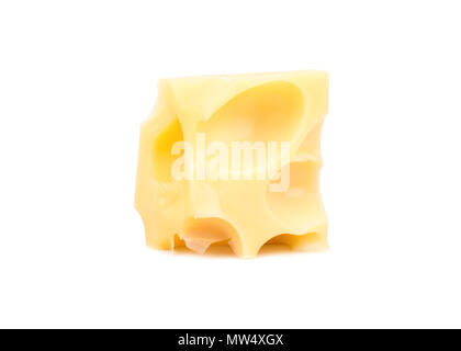 Cube von Käse mit Löchern auf weißem Hintergrund Stockfoto